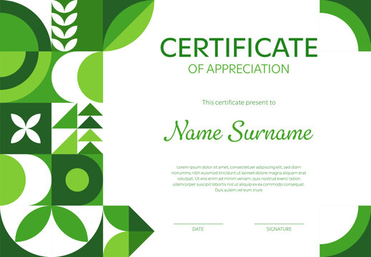Ecology award certificate with green environment pattern. Diploma certificate of ecology, environment and eco nature protection award vector template with abstract geometric green pattern border