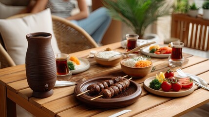 Hands serve traditional Turkish dishes like meat biryani and salads at an outdoor gathering with friends in a relaxed setting
