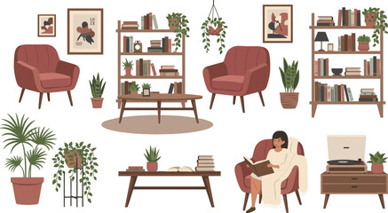 Set of cozy living room furniture vectors with armchairs bookshelves indoor plants and a girl reading for home lifestyle and hygge design © Sumona