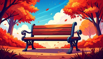 A vibrant autumn scene features a park bench under trees with golden foliage and a partly cloudy blue sky. Fallen leaves adorn the ground