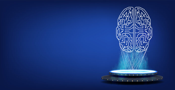 Digital brain model appears above a round platform with light effects in a blue background, showcasing technology and innovation in AI development