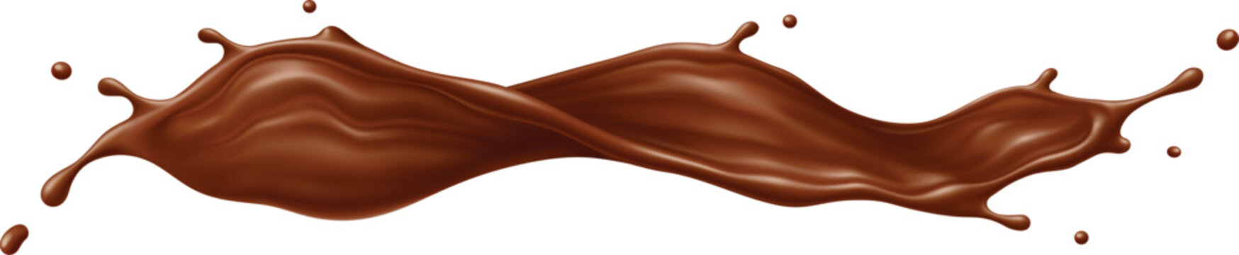 Chocolate drink flow splash and wave, realistic splatter. 3d vector choco milk cream or drink splashes, brown cocoa dessert flow. Coffee drink swirl or stream with drops, liquid splashing fluid drop