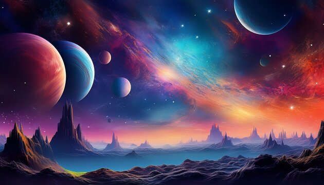 a vast cosmic landscape with planets moons and distant stars under a vibrant nebula