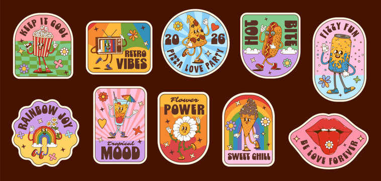 Retro groovy stickers, hippie labels and patches with popcorn, vintage television, pizza slice, hot dog, soda can, rainbow with flowers, tropical cocktail, flower with face, ice cream cone and lips