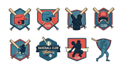 Vintage Baseball Club Logo Badge Collection, Retro Sports Emblems with Crossed Bats, Helmets and Player Silhouettes, Classic American Style Flat Vector Illustration Isolated on Light Background