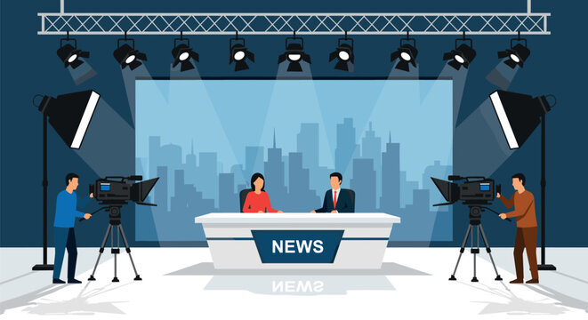 Modern television news studio with anchors at desk featuring professional cameras lighting equipment and city skyline background vector illustration
