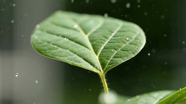 Close up of vibrant green leaf with fresh water droplets with soft natural light and blurred garden
