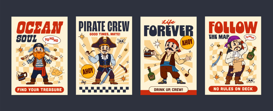 Funky pirates and corsairs groovy hippie characters posters. Vector posters featuring cheerful pirates with axes, saber, pipe, tricorn hat, beer mug, treasure map. Retro design for funky party decor