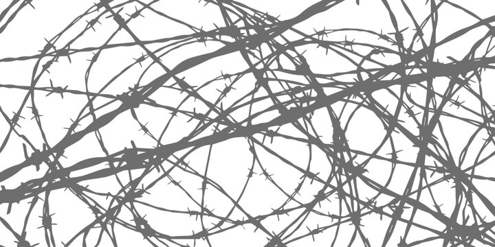Chaotic tangled barbed wire pattern with sharp spikes, a dense and abstract background illustration symbolizing restriction and danger