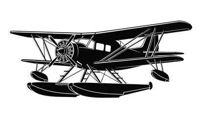 Black and white silhouette of a vintage biplane on floats © msunny93