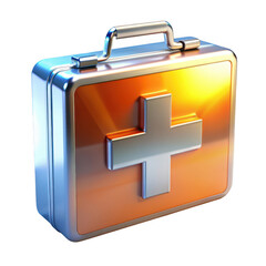 Obraz premium Shiny metal first aid kit with red cross on orange background