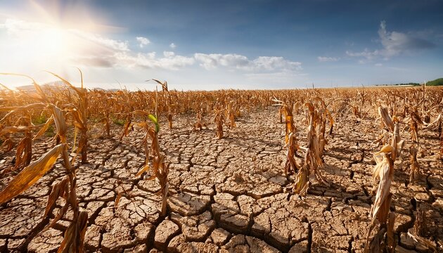 a dry and barren corn field under scorching sun showing severe drought with cracked soil global warming crop failure