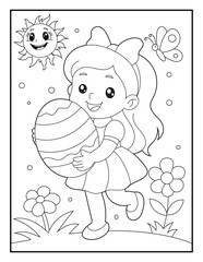 Obraz premium Black and White Line Art of a Girl Holding an Easter Egg. Kids' Holiday Coloring Page Isolated on White 