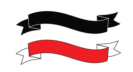 Two ribbons one black and one red with decorative flourishes