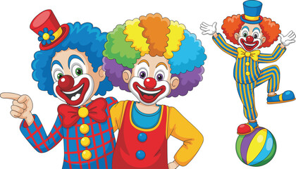 Cartoon clown character vector illustration set, colorful circus joker friends and playful performer balancing on ball isolated © Nilufa Creative