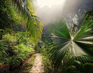 path through a jungle with a palm tree in the foreground