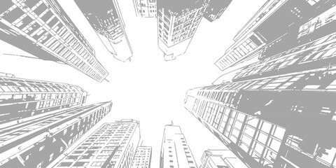 Looking up at towering skyscrapers from below, architectural perspective, urban cityscape, modern city skyline, graphic illustration © ZenVectors