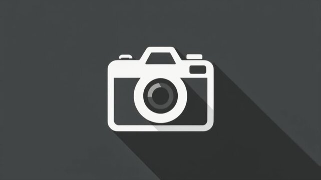 Minimalist white camera icon with long shadow on dark gray background symbol photography
