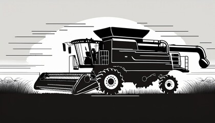 modern combine harvester with wide header black and white silhouette