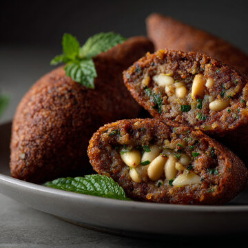 Unusual Lebanese kibbeh stuffed with pine nuts.