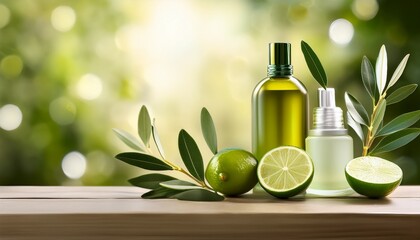 natural skincare products with fresh lime and olive branches soft green bokeh background