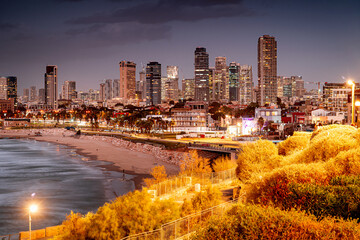 Night view Tel Aviv, Israel. The coast of developed city in the Middle East.