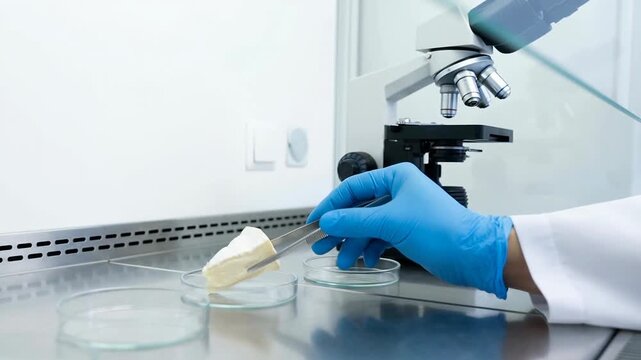 Food safety lab inspection ensures quality control by testing dairy product samples in petri dishes and sterile environment with precise tools