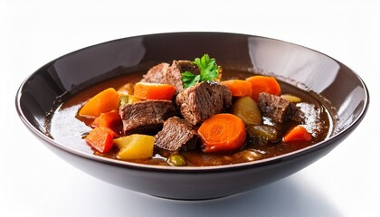 bowl of beef and vegetable stew isolated on white