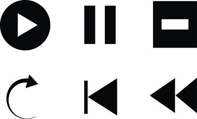 Collection of six black media playback icons on white background