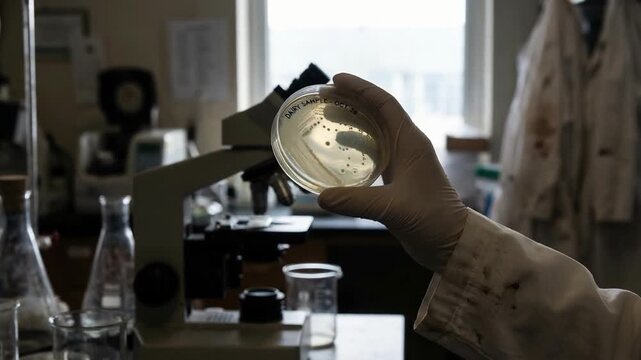 Food safety lab inspection quality control scientist analyzing petri dish bacteria test microscope for contamination detection controlled environment