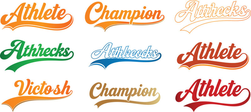 Assortment of Sports Themed Word Art in Various Colors athlete champion