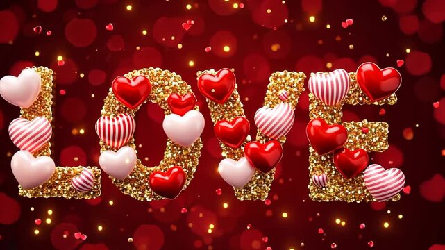 Glittering hearts animate the word "love" in a sparkling celebration of romance