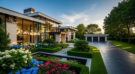 Obraz premium Luxurious modern house with a beautiful garden and driveway at sunset