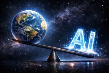 The digital light energy AI is pushing down on the opposite end of the lever, causing the Earth to shift and tilt, visually powerful concept art representing the influence of AI on the world.