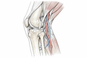 A medical textbook style anatomical illustration of the human knee joint in lateral view. The image shows bones, surrounding muscles, tendons, ligaments, and major blood vessels.