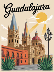 Obraz premium Guadalajara poster, vintage Mexico cathedral with agave plants and Art Deco style design