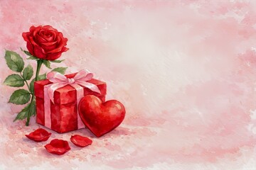 A watercolor painting soft and romantic Valentine card with a bouquet of blooming red rose, a red gift box, red rose petals and a heart.