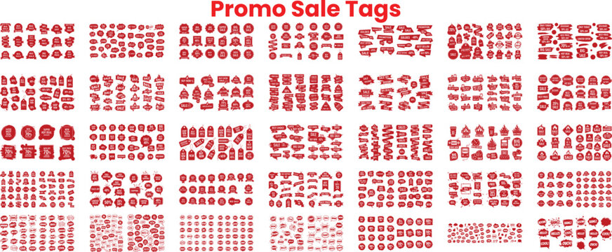 Extensive collection of red promo sale tags and discount labels for retail advertising and marketing campaigns