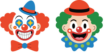 Cartoon clown face vector illustration set, colorful circus joker heads with hats, bow ties, funny smiling characters isolated © Nilufa Creative