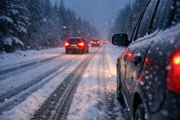 The scene of cars driving on a snow covered road during heavy snow is falling with pine tree forest on the both side. The car's tire tracks are visible on the snowy road.