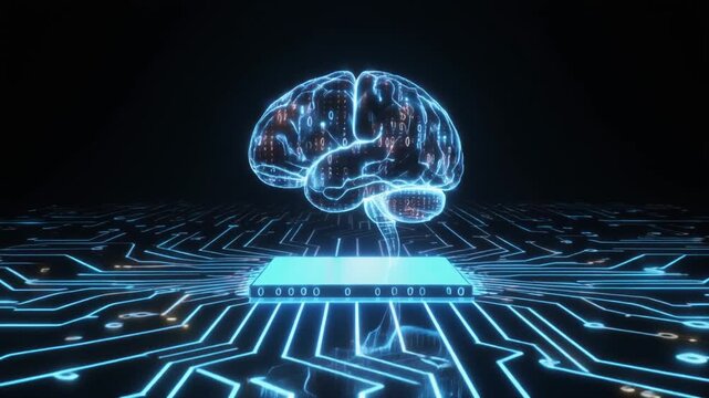 Glowing holographic brain floating over ultra futuristic circuit pattern with dynamic data stream pulse showing visionary intellect smart technology