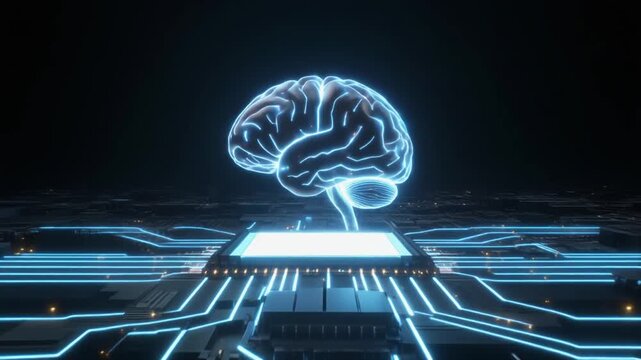 Glowing brain circuit chip artificial intelligence technology blue futuristic grid pattern floating above layered innovative digital motherboard