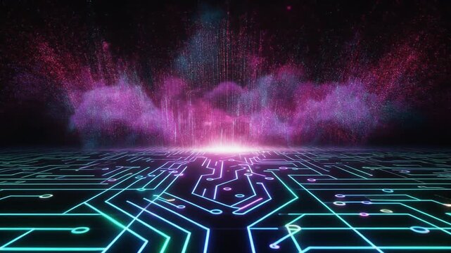Ultra circuit pattern pulsing vibrant energy floating holographic neon technology digital cyber grid network majestic futuristic landscape atmosphere