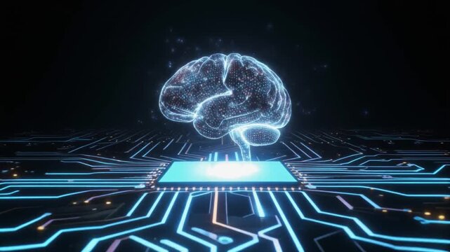 Artificial intelligence brain digital circuit pattern holographic energy radiating visionary futuristic technology neural network flow system