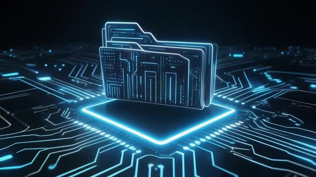 Sophisticated circuit pattern floating digital folder hologram document data technology security innovation efficient reliable storage cyber network