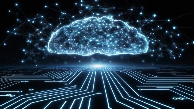 Radiant digital brain holographic floating circuit pattern weaving technology innovation futuristic data system glowing blue cyber network connection