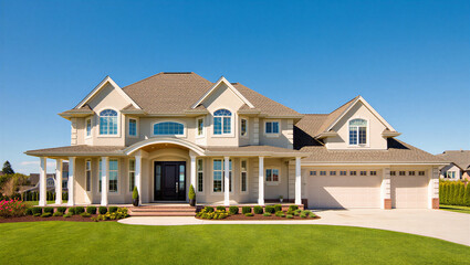 Elegant Traditional Two-Story Home with Arched Windows and Expansive Green Lawn on a Sunny Day