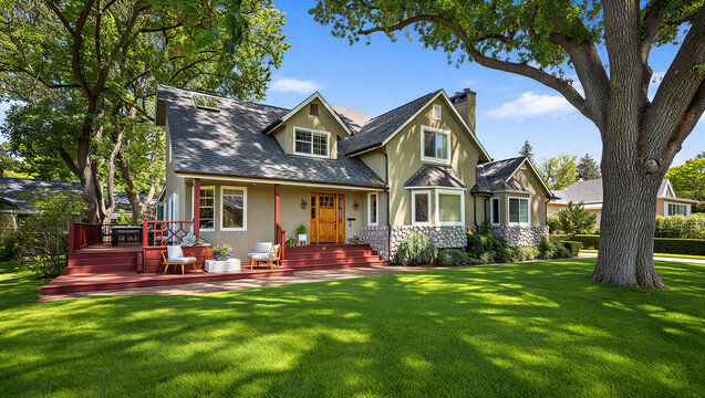 Charming Craftsman House with Stone Accents and Red Deck Under a Sunny Sky