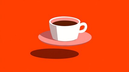 Obraz premium Coffee cup floating above a pink saucer against a vibrant orange background, creating a whimsical and surreal visual effect with shadows beneath