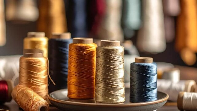 Close-up of colorful spools of thread arranged on a dark wooden surface, ready for sewing.